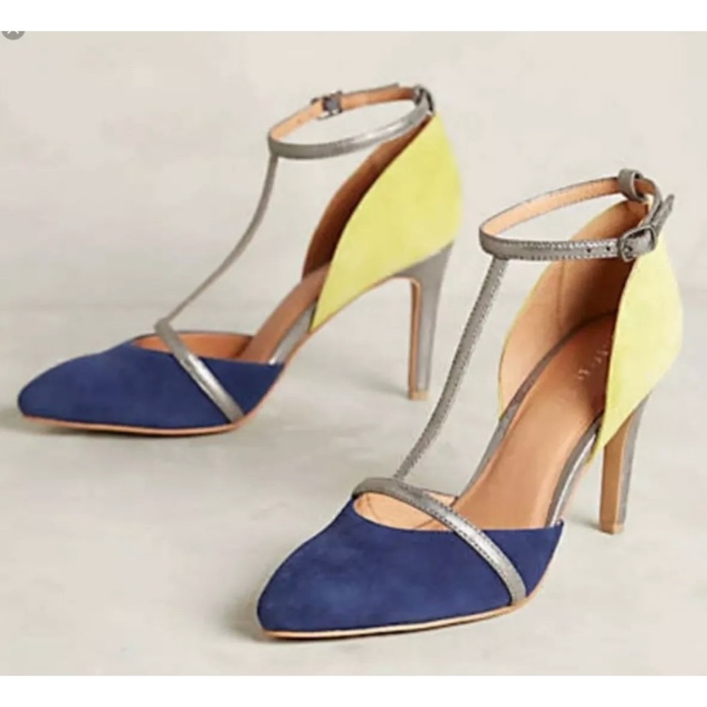 Anthro Lien Do Mixed Media T-Strap Heels Sz 6 Euc - Picture 1 of 8